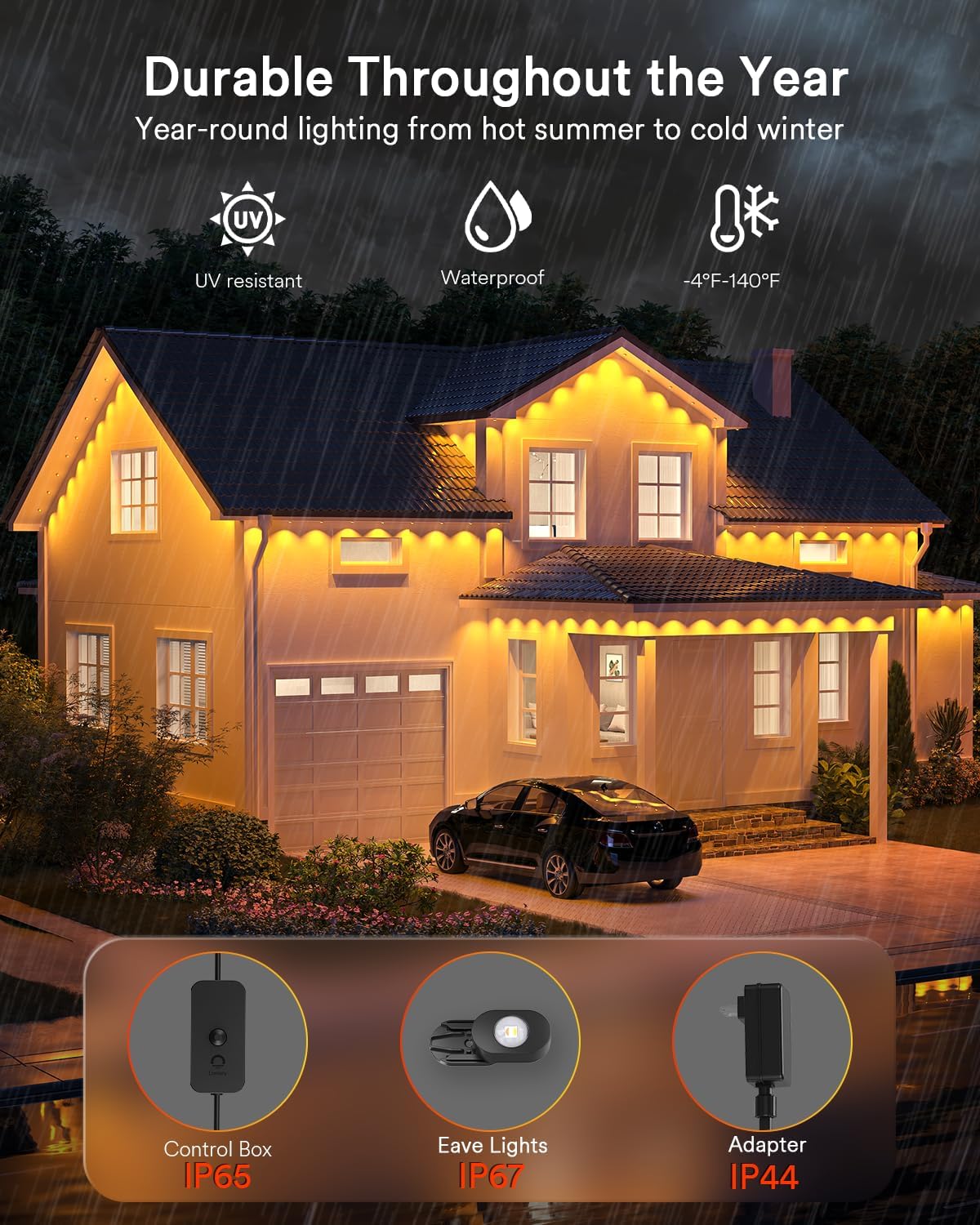 Smart Permanent Outdoor Lights 2 with Remote & Slide-Base, 100ft with 60 RGBAICW LEDs, 110+ Modes