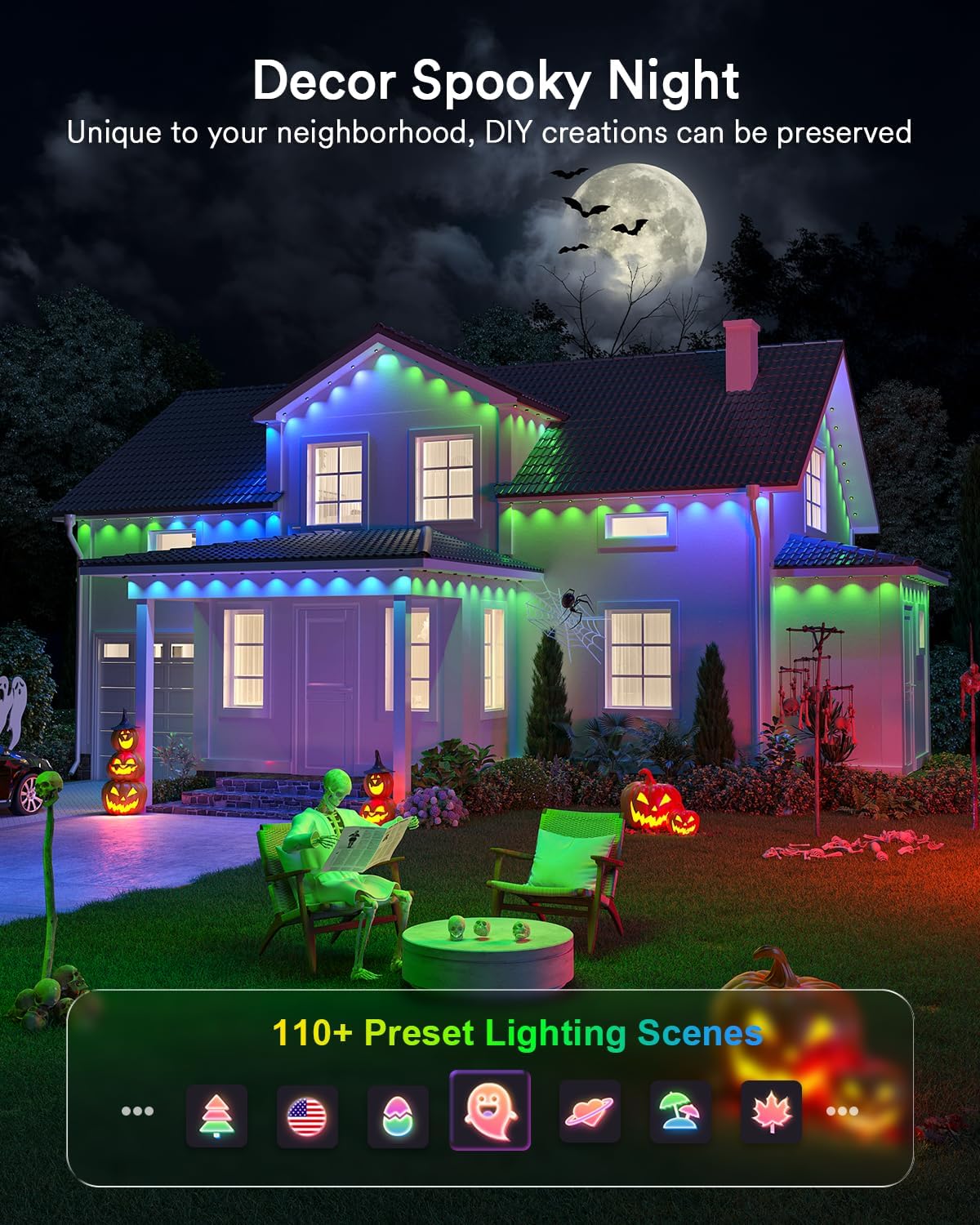 Smart Permanent Outdoor Lights 2 with Remote & Slide-Base, 100ft with 60 RGBAICW LEDs, 110+ Modes