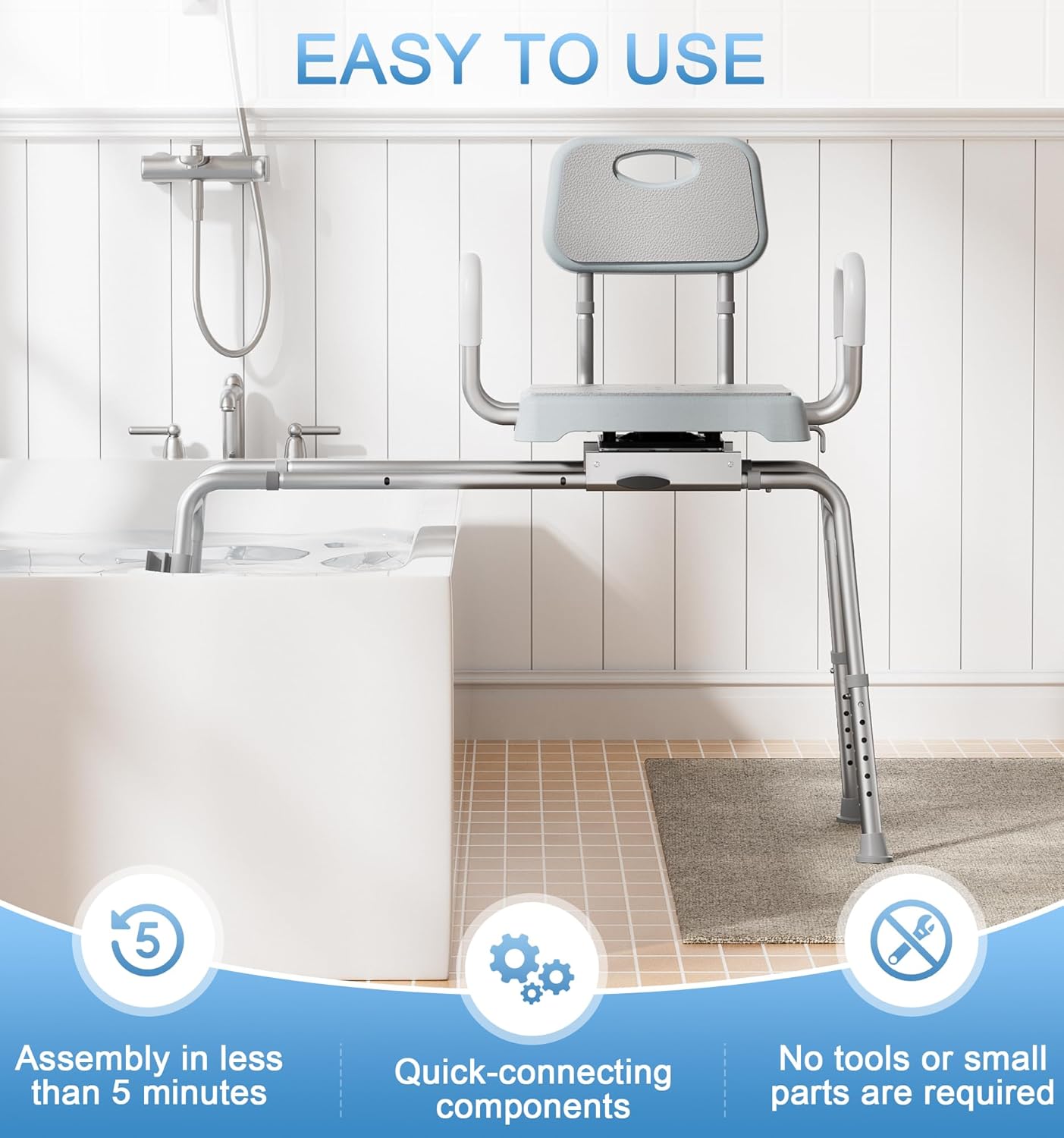 Sliding Shower Chair Tub Transfer Bench for Bathtub with Swivel Seat, Height Adjustable Shower Seat, 350 lbs