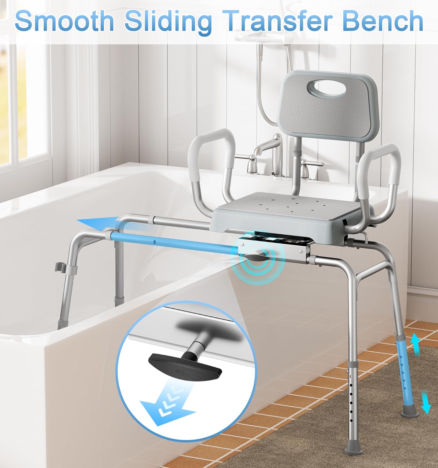 Sliding Shower Chair Tub Transfer Bench for Bathtub with Swivel Seat, Height Adjustable Shower Seat, 350 lbs
