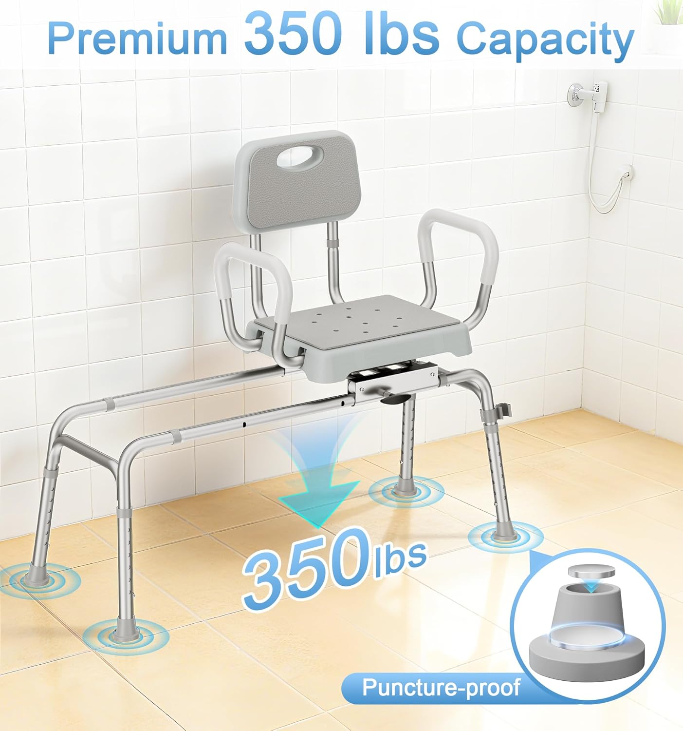Sliding Shower Chair Tub Transfer Bench for Bathtub with Swivel Seat, Height Adjustable Shower Seat, 350 lbs