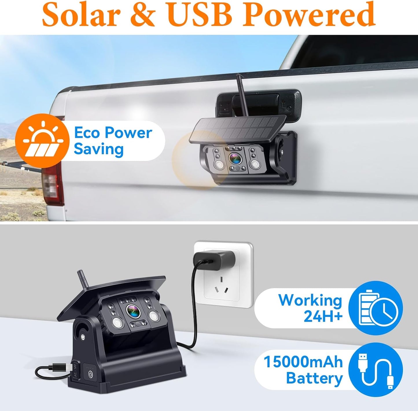 Magnetic No Wiring Trailer Hitch Solar Backup Camera for Pickup Trucks, IR Night Vision, IP69K Waterproof