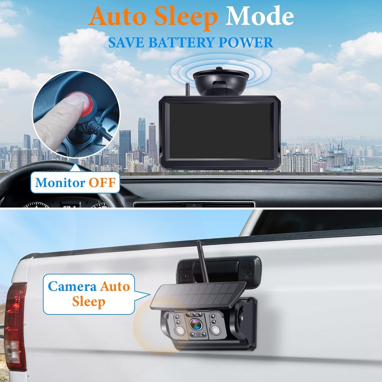 Magnetic No Wiring Trailer Hitch Solar Backup Camera for Pickup Trucks, IR Night Vision, IP69K Waterproof