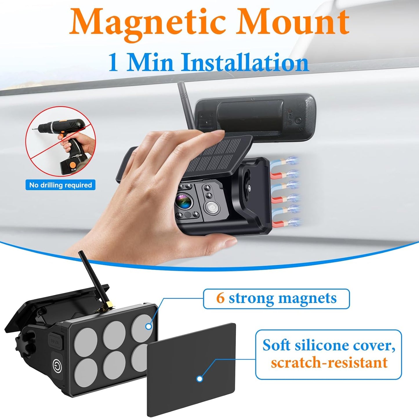 Magnetic No Wiring Trailer Hitch Solar Backup Camera for Pickup Trucks, IR Night Vision, IP69K Waterproof