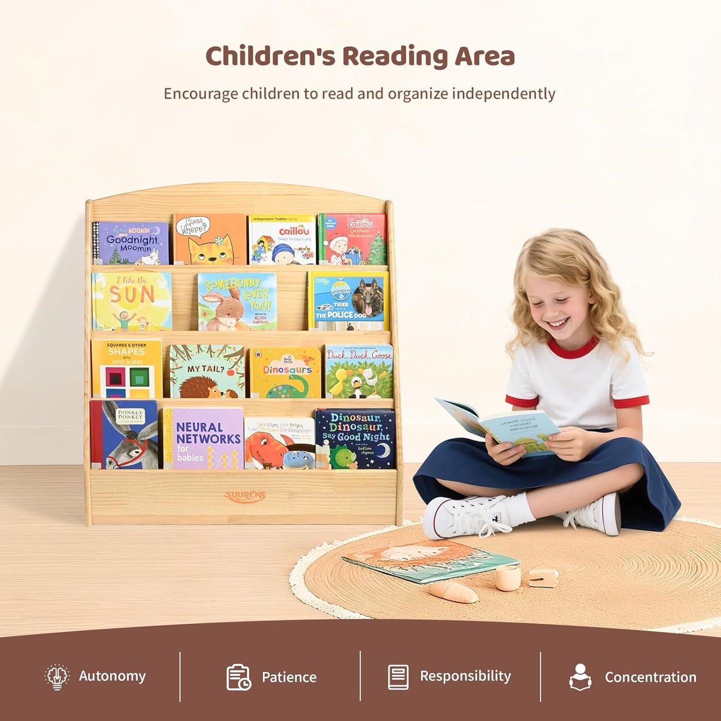 4 Tier Kids Bookshelf – Safe, Sturdy, and Easy to Clean, 31-1/2' D x 11-4/5' W x 31-1/2' H, For Classroom