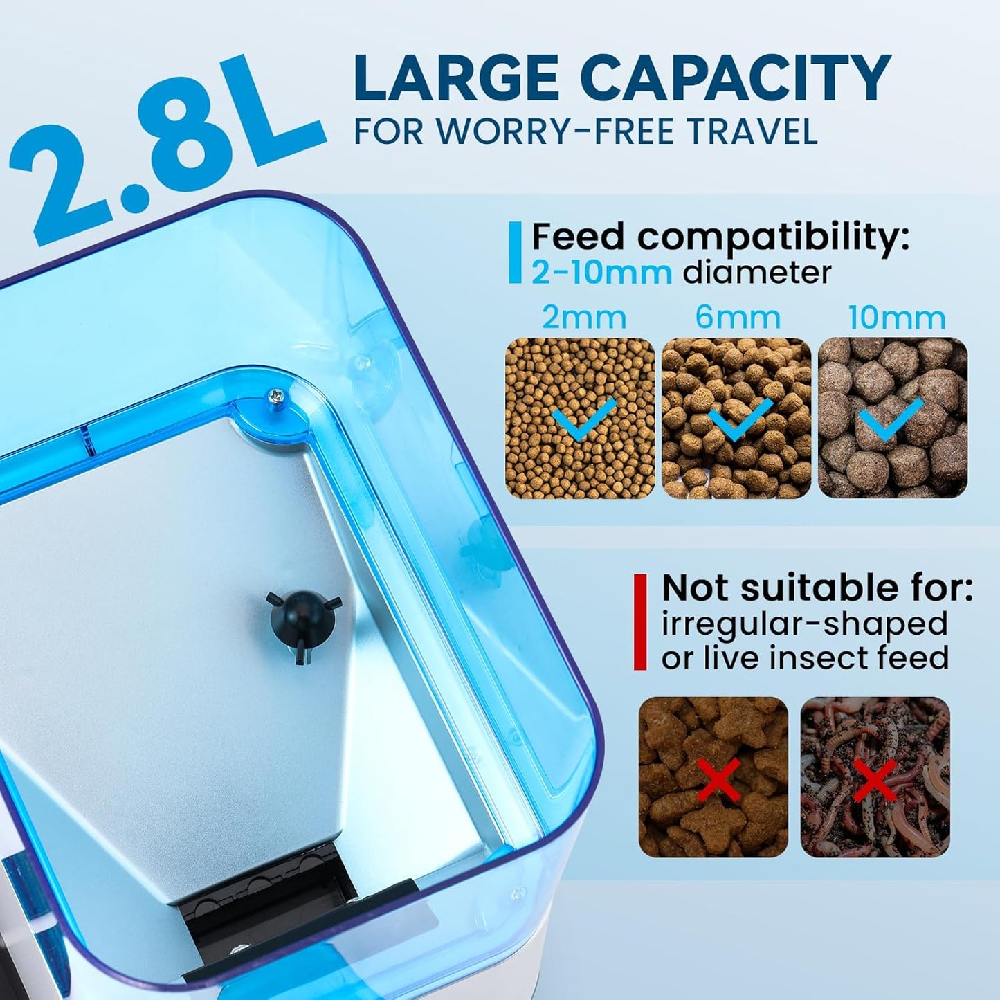 Automatic Fish Feeder for Pond Solar Powered 2.8L Capacity, Battery & AC Auto Timed, Indoor & Outdoor