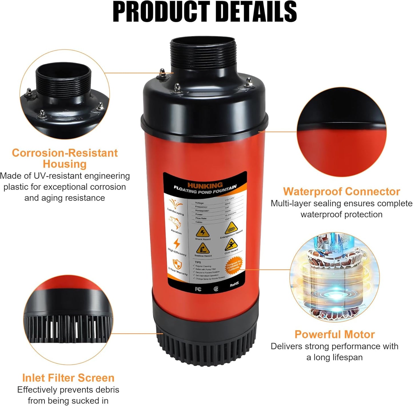 Pond Fountain Aerator - 1HP 750W 16000 GPH Floating with Timer, 110V-120V, 100FT Power Cord, 2 Nozzles