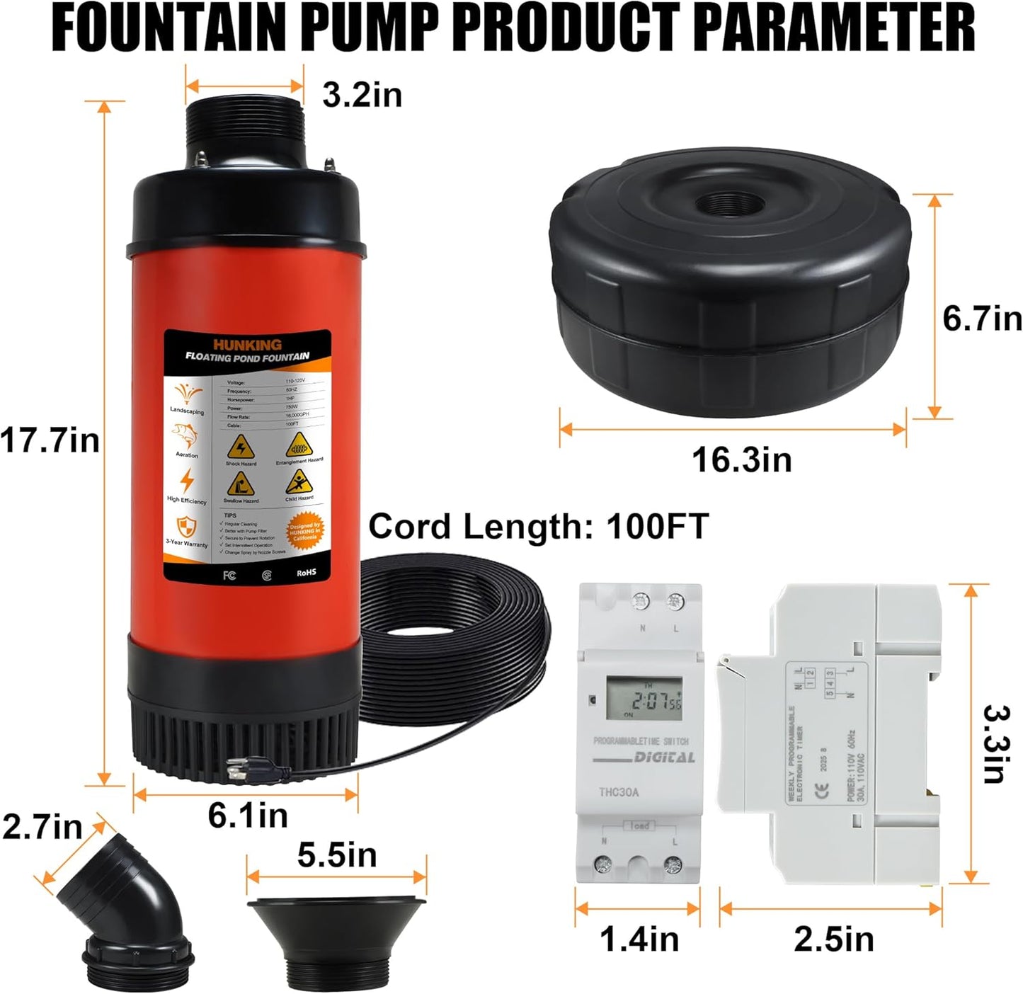 Pond Fountain Aerator - 1HP 750W 16000 GPH Floating with Timer, 110V-120V, 100FT Power Cord, 2 Nozzles