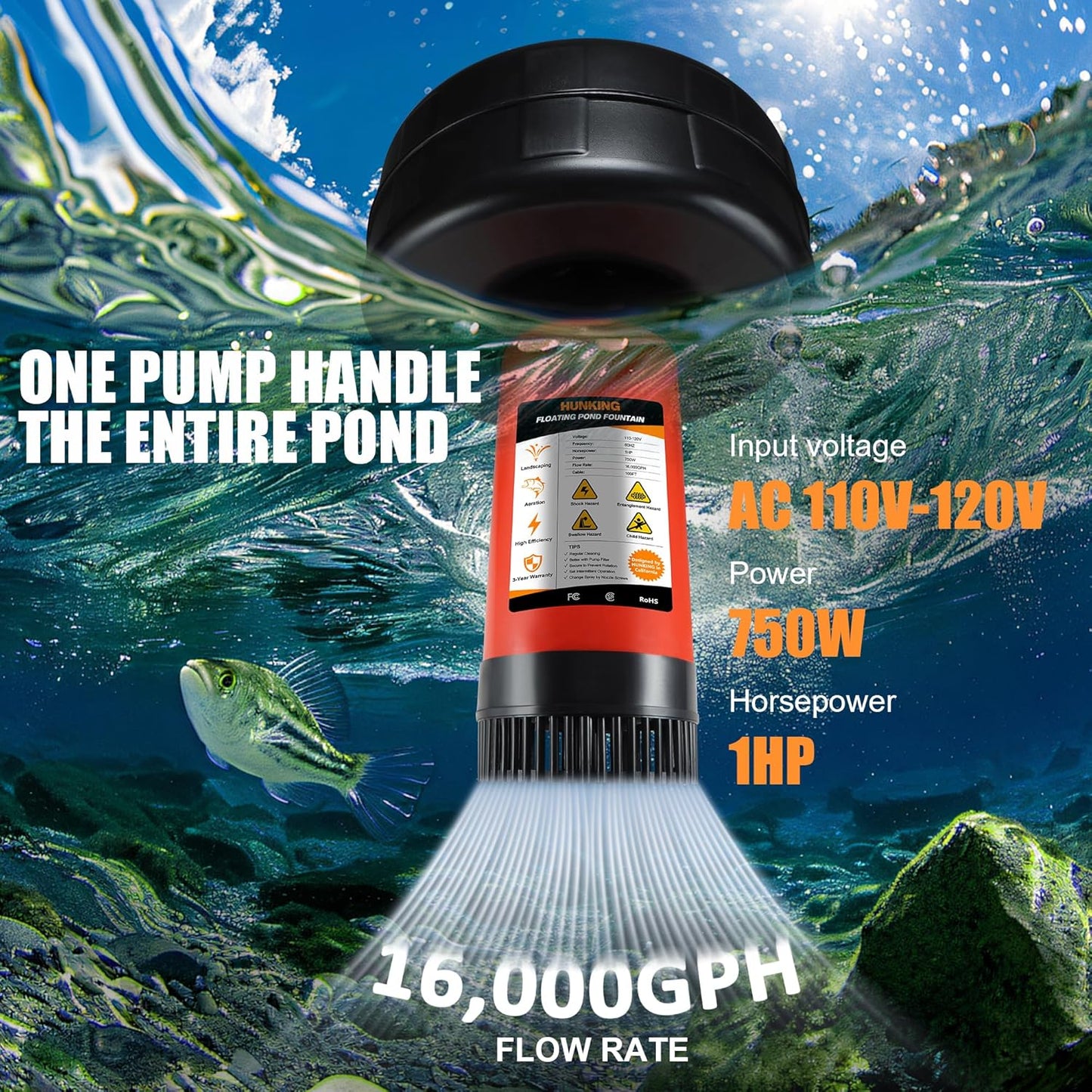 Pond Fountain Aerator - 1HP 750W 16000 GPH Floating with Timer, 110V-120V, 100FT Power Cord, 2 Nozzles