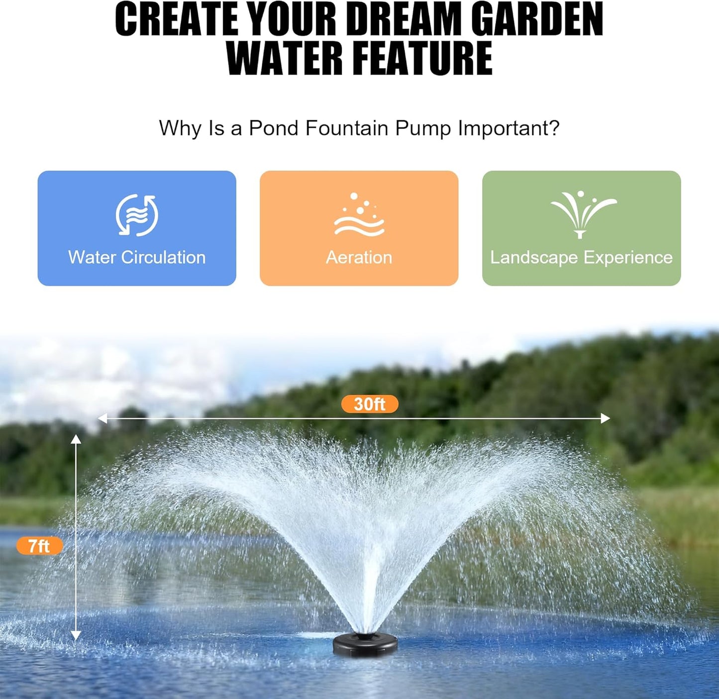 Pond Fountain Aerator - 1HP 750W 16000 GPH Floating with Timer, 110V-120V, 100FT Power Cord, 2 Nozzles