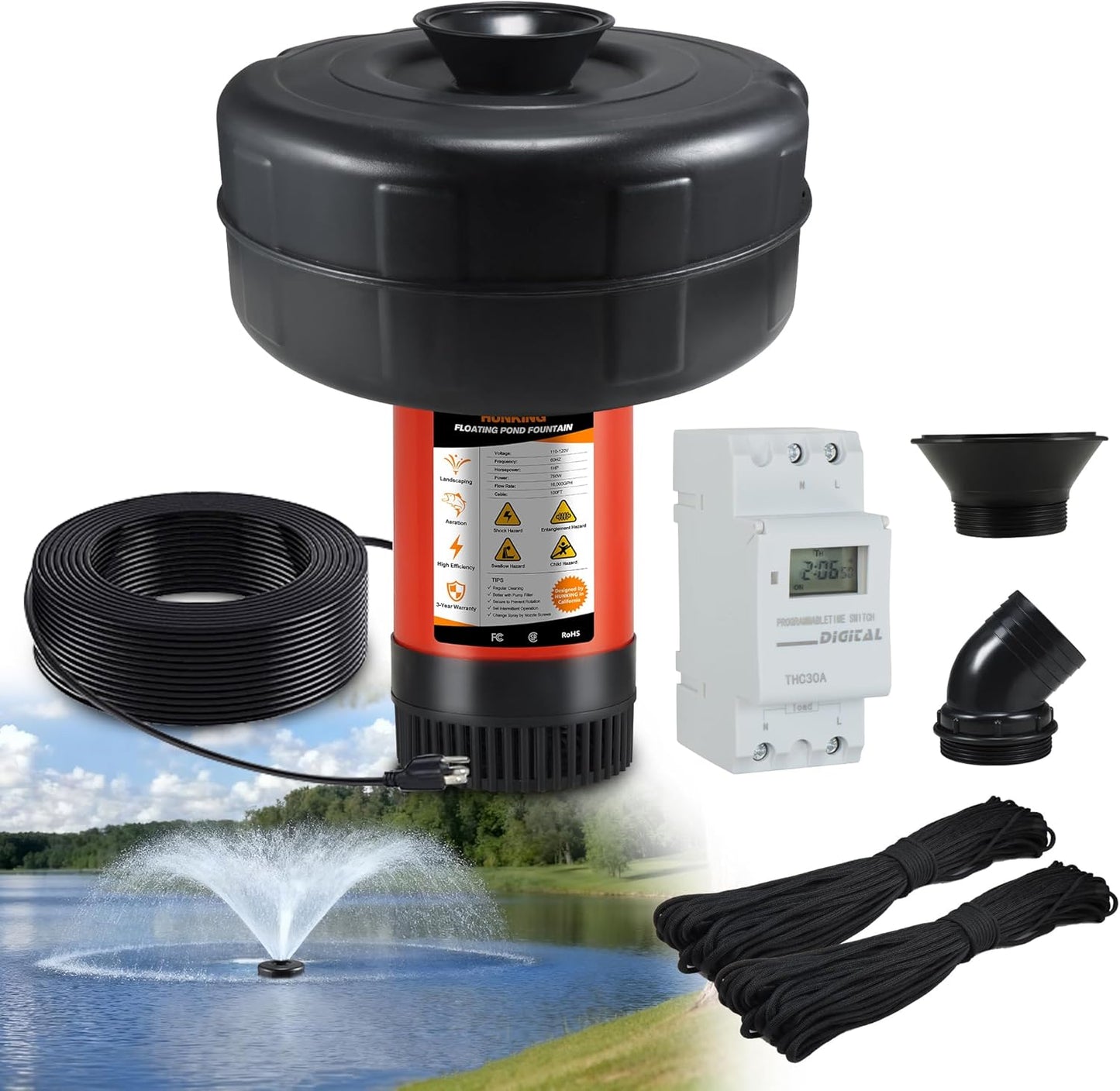 Pond Fountain Aerator - 1HP 750W 16000 GPH Floating with Timer, 110V-120V, 100FT Power Cord, 2 Nozzles