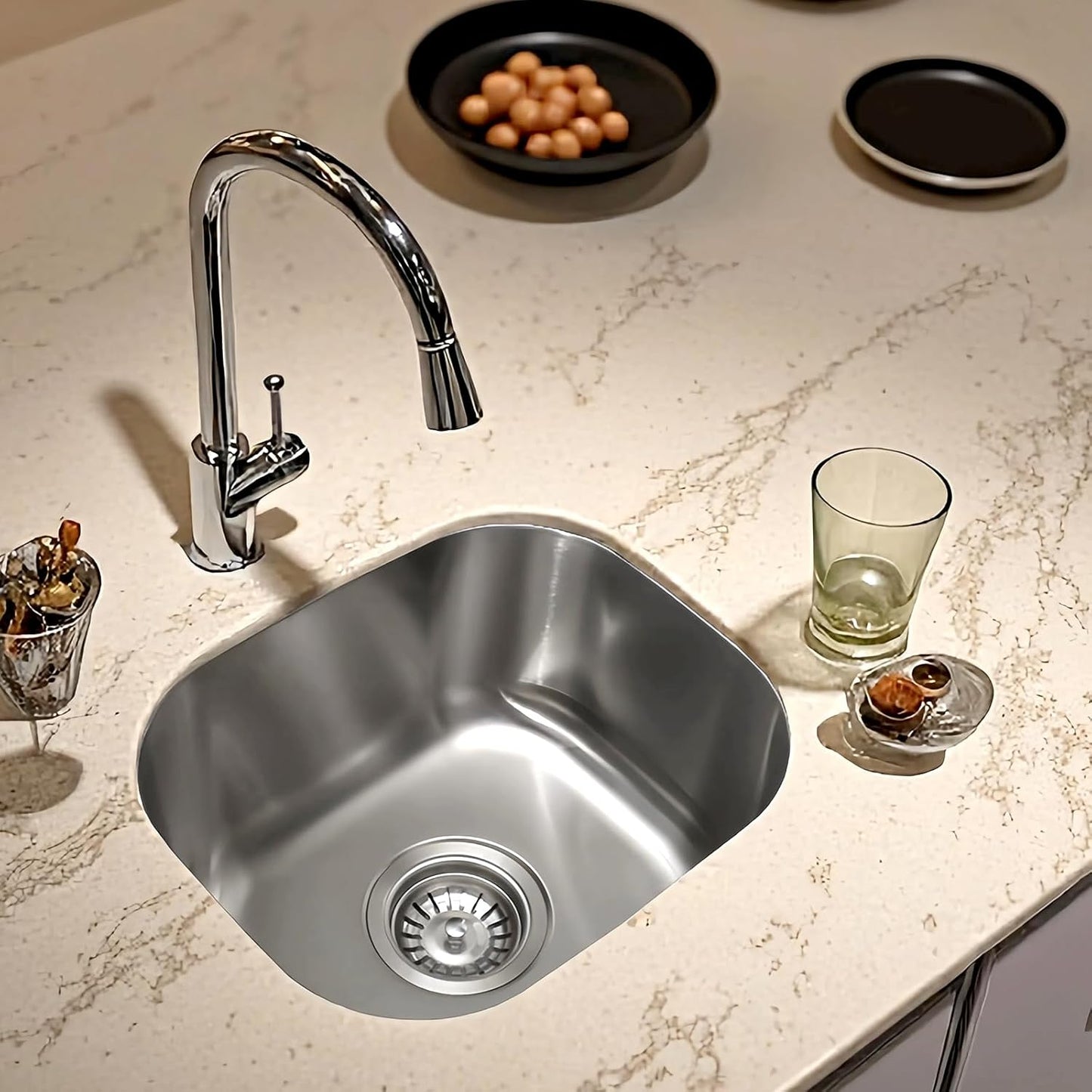 Undermount Bar Sink, 15''×13'' Single Bowl Small Stainless Steel,  RV Sink with Drain Assembly