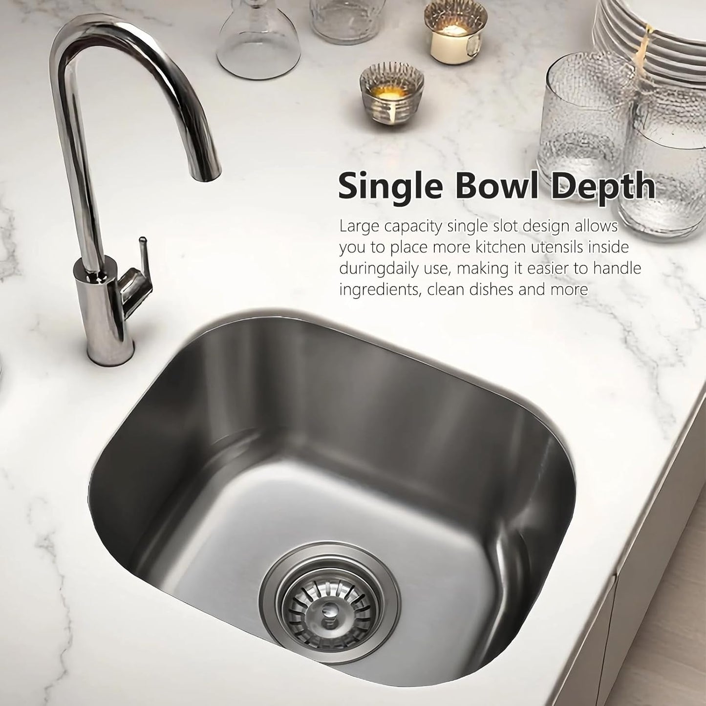 Undermount Bar Sink, 15''×13'' Single Bowl Small Stainless Steel,  RV Sink with Drain Assembly