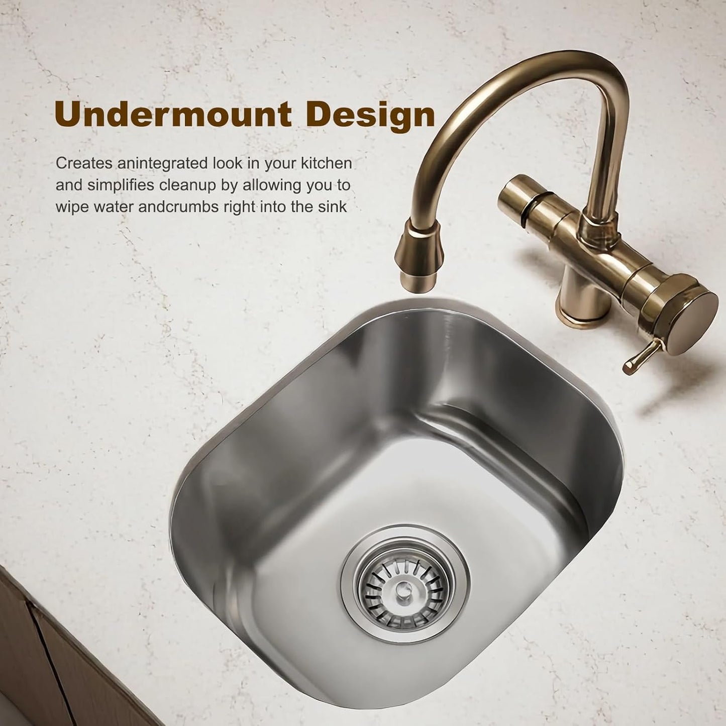 Undermount Bar Sink, 15''×13'' Single Bowl Small Stainless Steel,  RV Sink with Drain Assembly