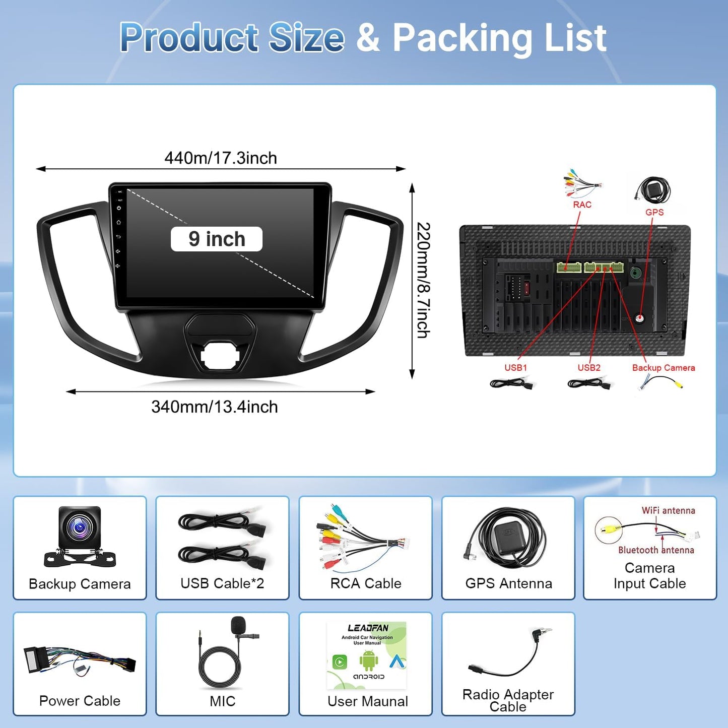 Car Stereo Radio for Ford Transit 2013-2019,  9'' Screen Head Unit,  9'' Screen Head Unit,  Wireless Carplay/Android