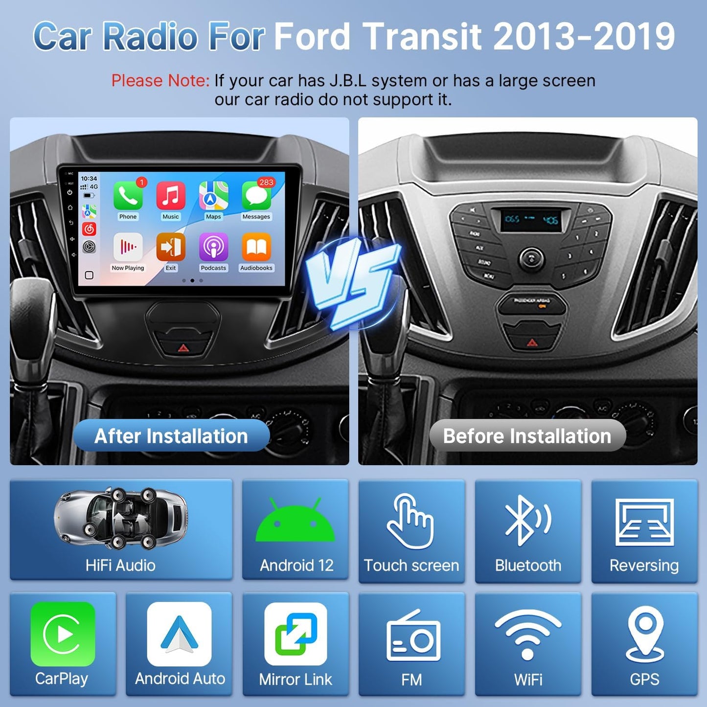 Car Stereo Radio for Ford Transit 2013-2019,  9'' Screen Head Unit,  9'' Screen Head Unit,  Wireless Carplay/Android