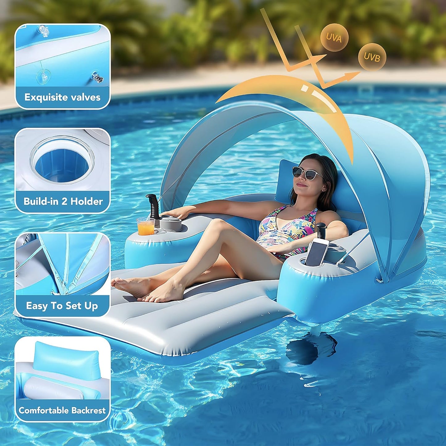 Rechargeable Motorized Floats with Cup Holder & Canopy,  Dual Motor Heavy Duty Electric Lounger Raft for Adults