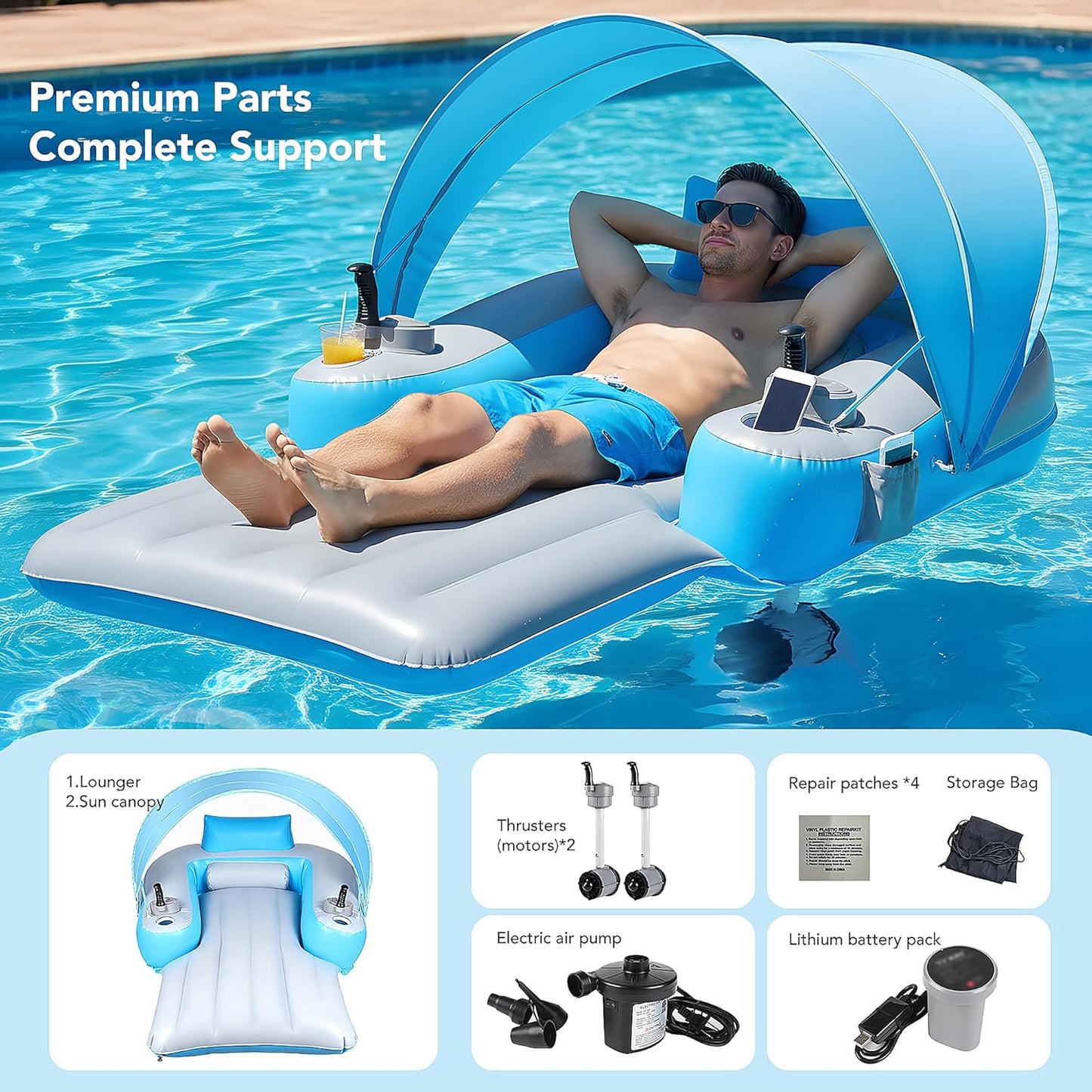 Rechargeable Motorized Floats with Cup Holder & Canopy,  Dual Motor Heavy Duty Electric Lounger Raft for Adults