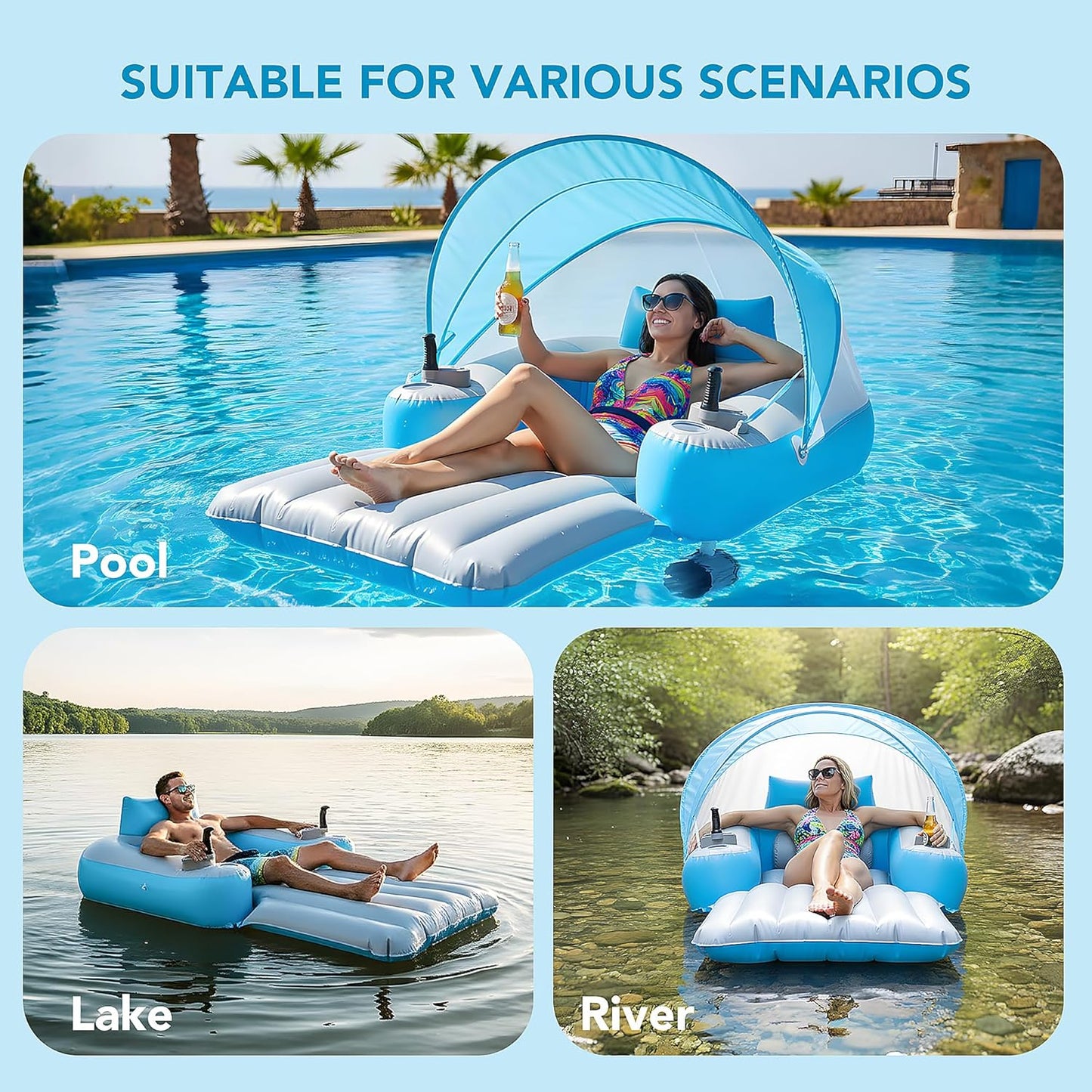 Rechargeable Motorized Floats with Cup Holder & Canopy,  Dual Motor Heavy Duty Electric Lounger Raft for Adults