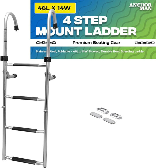 4 Step Ladder 46' x 14' Stainless Steel Folding Ladder for Boat, 400lbs Capacity Non-Slip, Telescoping & Removable