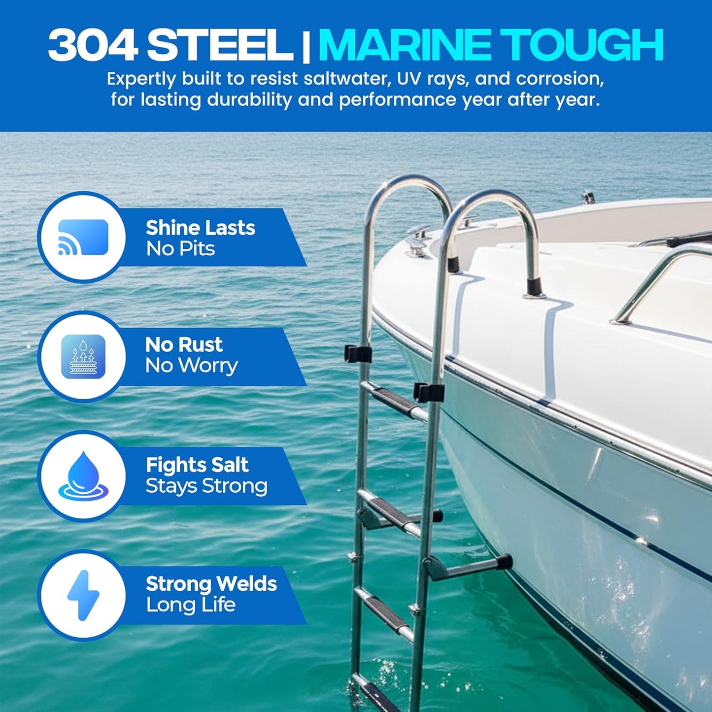 4 Step Ladder 46' x 14' Stainless Steel Folding Ladder for Boat, 400lbs Capacity Non-Slip, Telescoping & Removable