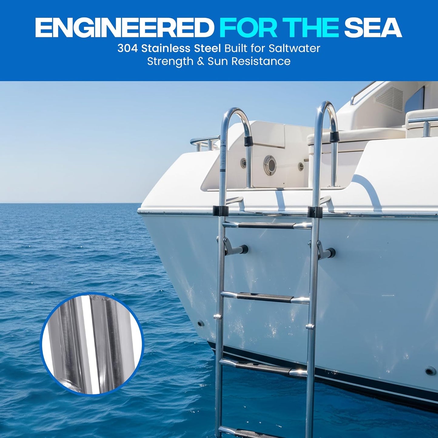 4 Step Ladder 46' x 14' Stainless Steel Folding Ladder for Boat, 400lbs Capacity Non-Slip, Telescoping & Removable