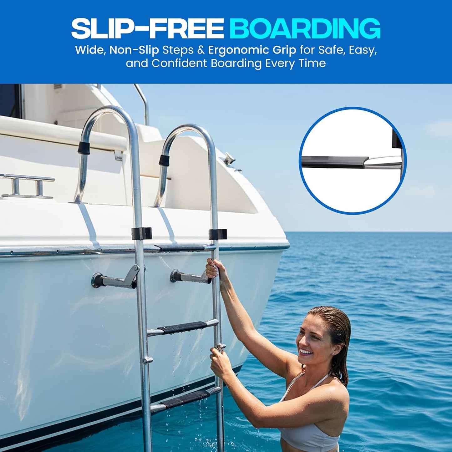 4 Step Ladder 46' x 14' Stainless Steel Folding Ladder for Boat, 400lbs Capacity Non-Slip, Telescoping & Removable