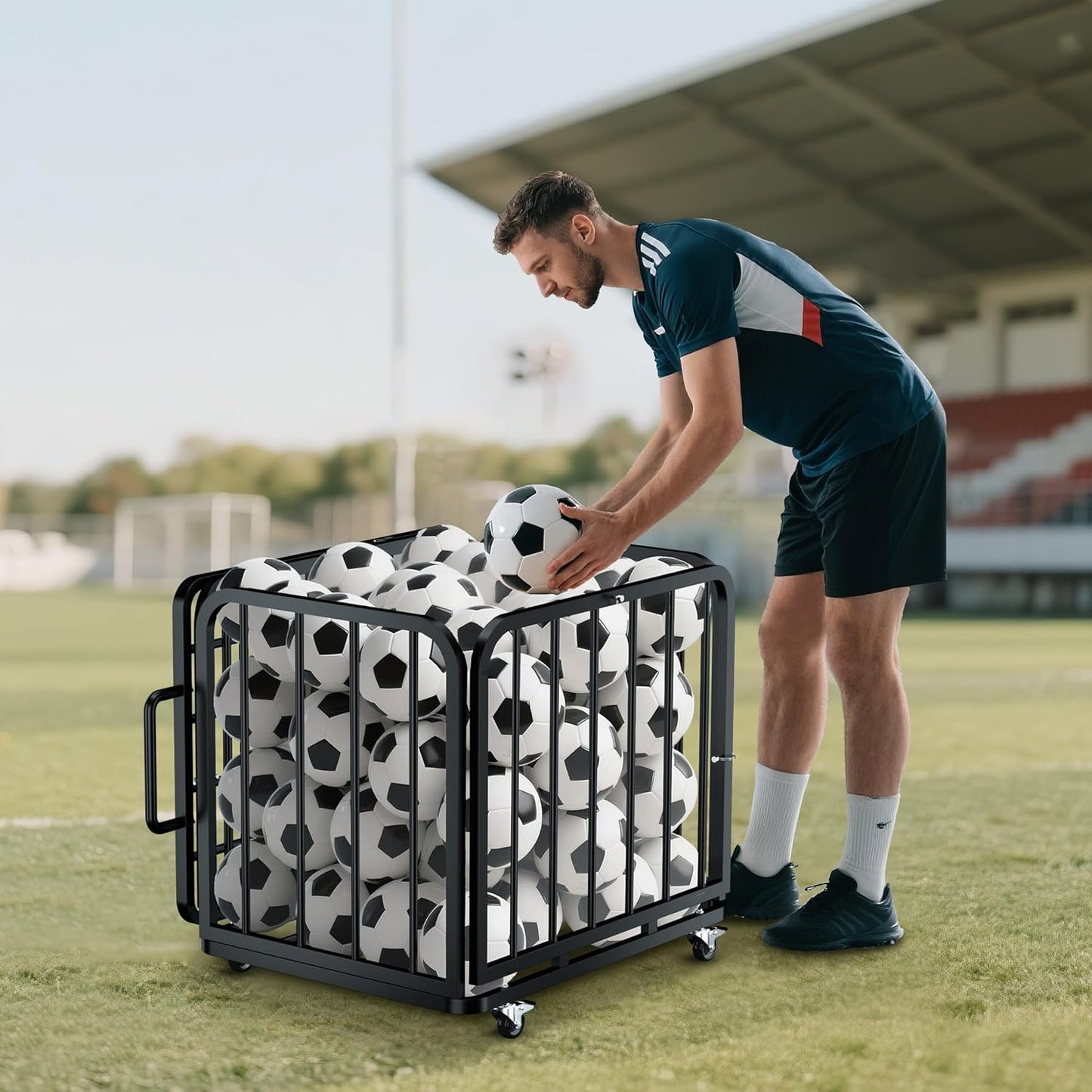 Foldable Ball Cart with Wheels, Heavy-Duty, Collapsible, Lockable Lid, Sports Equipment Organizer