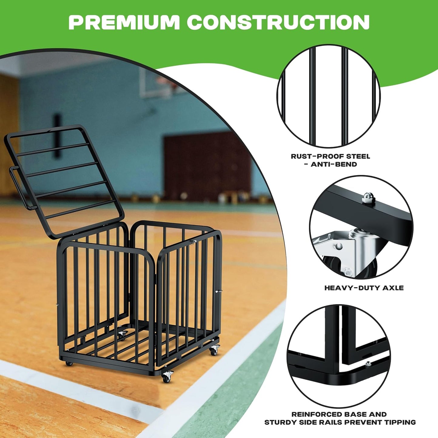 Foldable Ball Cart with Wheels, Heavy-Duty, Collapsible, Lockable Lid, Sports Equipment Organizer