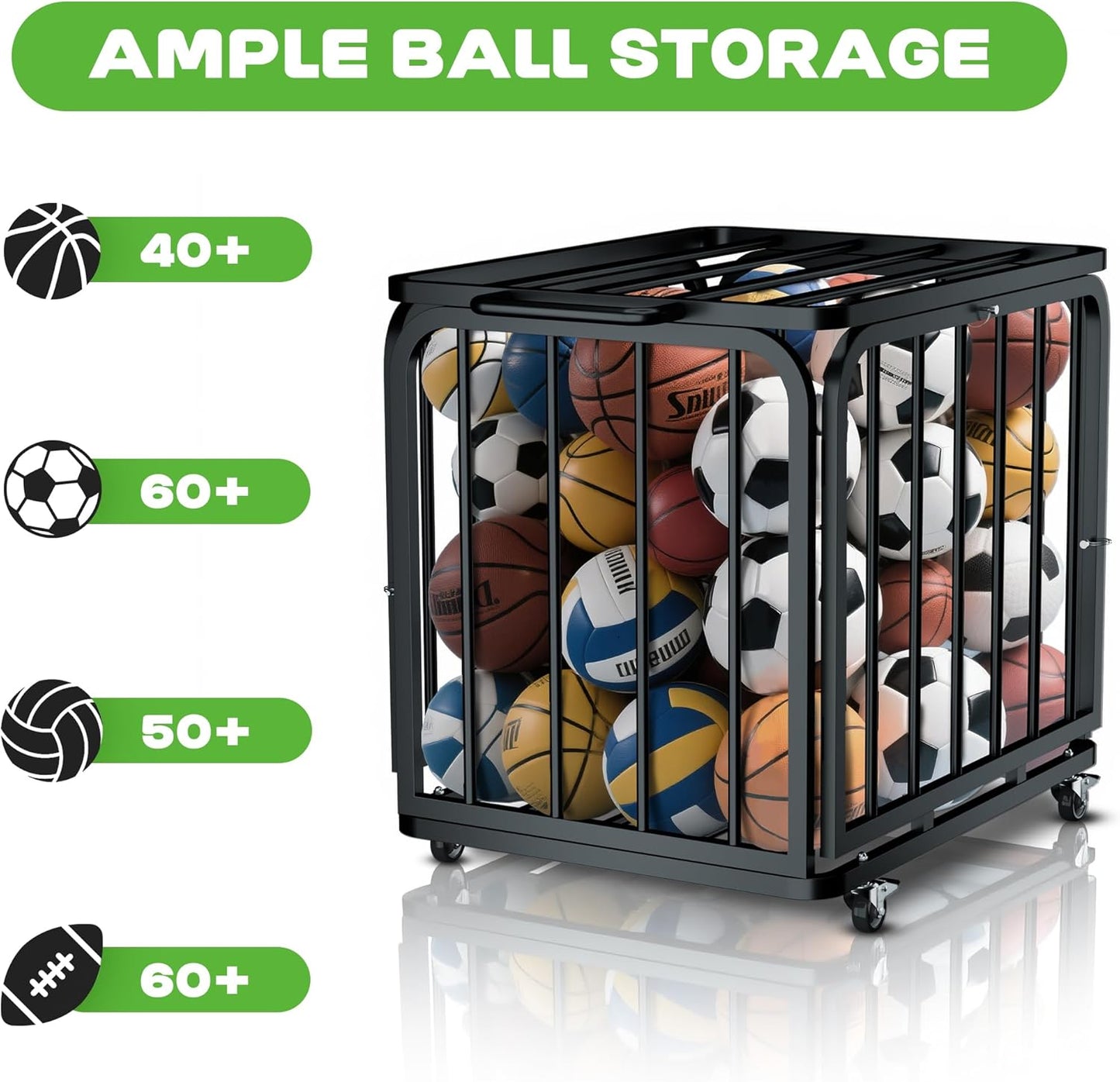 Foldable Ball Cart with Wheels, Heavy-Duty, Collapsible, Lockable Lid, Sports Equipment Organizer