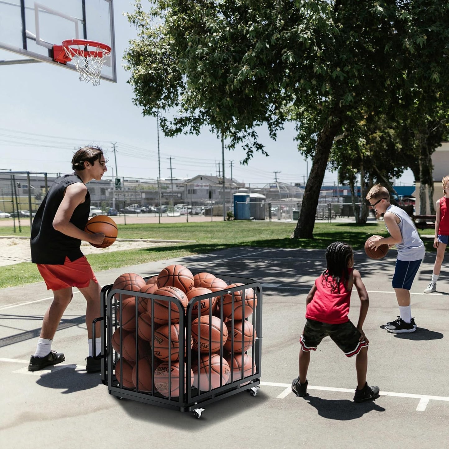 Foldable Ball Cart with Wheels, Heavy-Duty, Collapsible, Lockable Lid, Sports Equipment Organizer