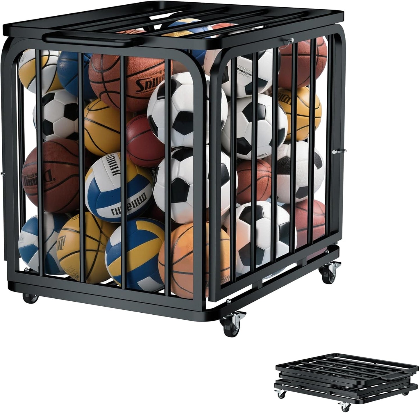 Foldable Ball Cart with Wheels, Heavy-Duty, Collapsible, Lockable Lid, Sports Equipment Organizer