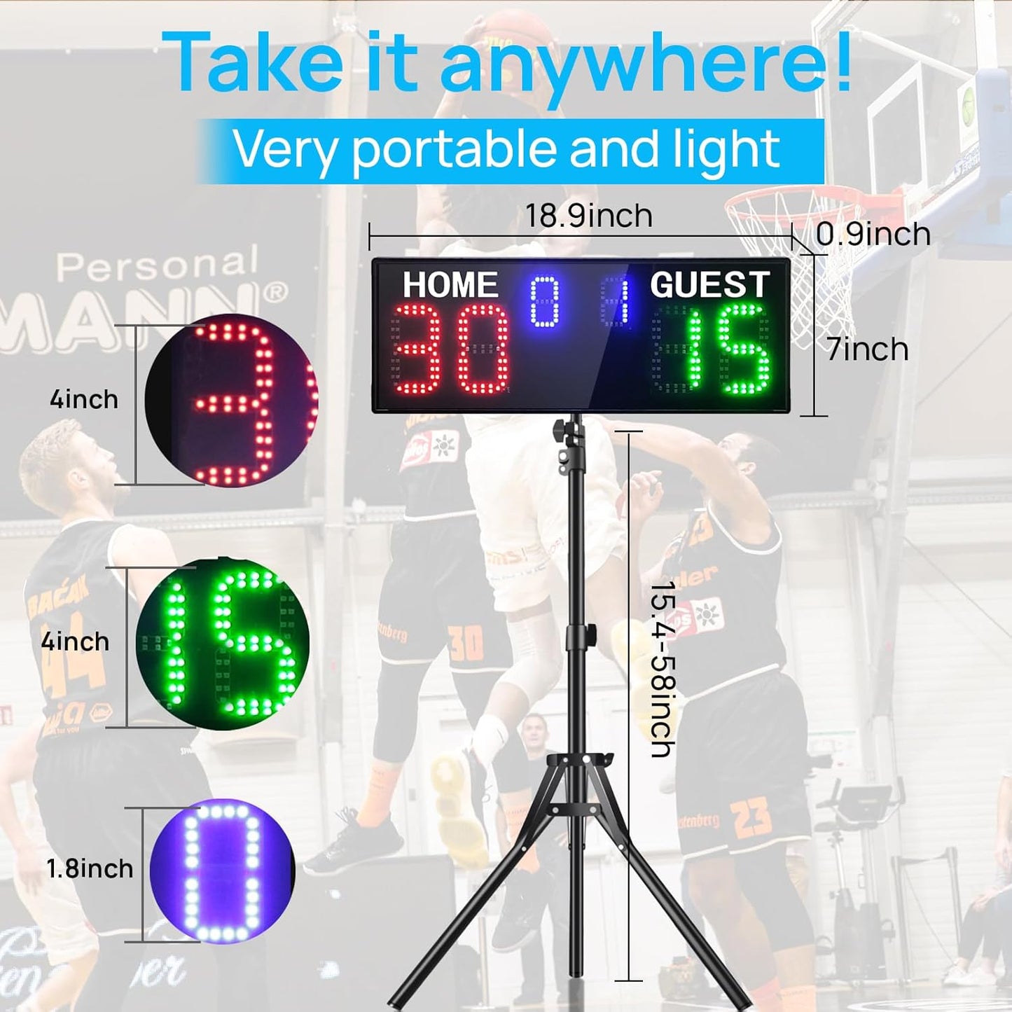 Electronic Scoreboard with Watch Control, with Remote, Adjustable Tripod for Outdoor Games