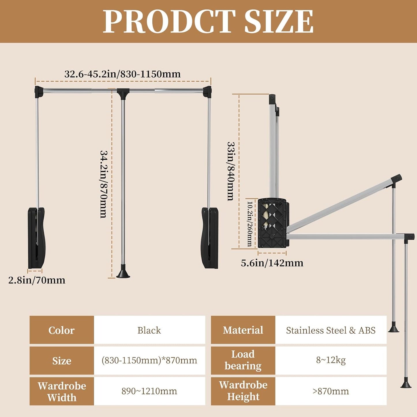 Adjustable Closet Rods for Hanging Clothes 33''-45', Heavy Duty Pull Down Closet Rod Side Mounted
