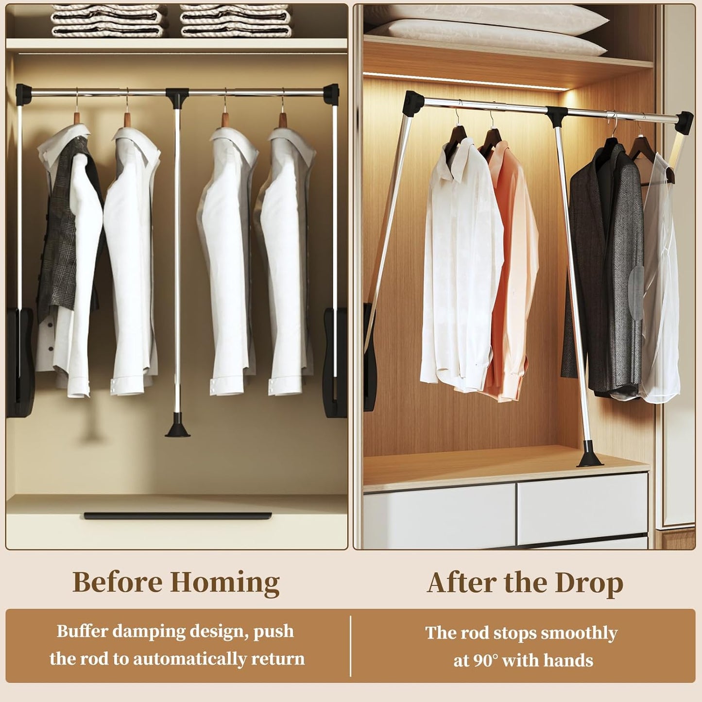 Adjustable Closet Rods for Hanging Clothes 33''-45', Heavy Duty Pull Down Closet Rod Side Mounted