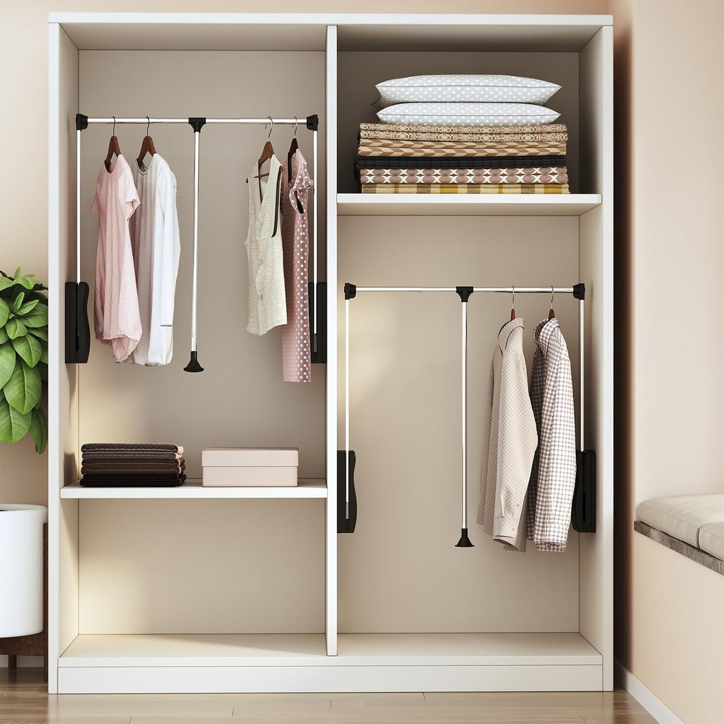 Adjustable Closet Rods for Hanging Clothes 33''-45', Heavy Duty Pull Down Closet Rod Side Mounted