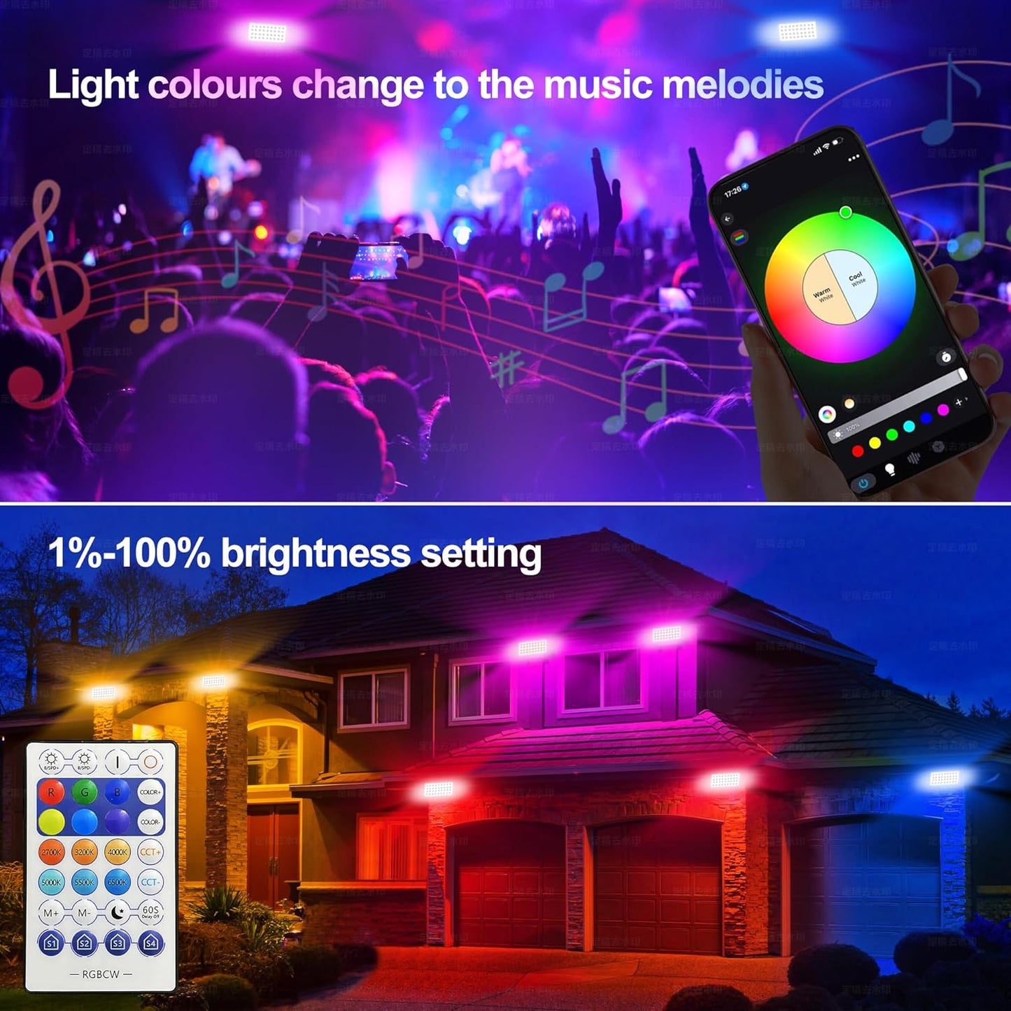 Party Lights Outdoor Smart Flood Light, 180W RGBCW Color Changing LED, 2700–6500K Tunable White, Dimmable