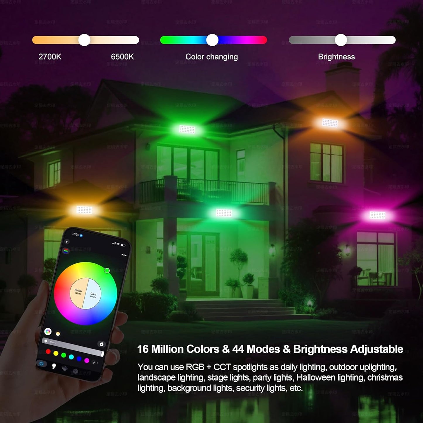 Party Lights Outdoor Smart Flood Light, 180W RGBCW Color Changing LED, 2700–6500K Tunable White, Dimmable