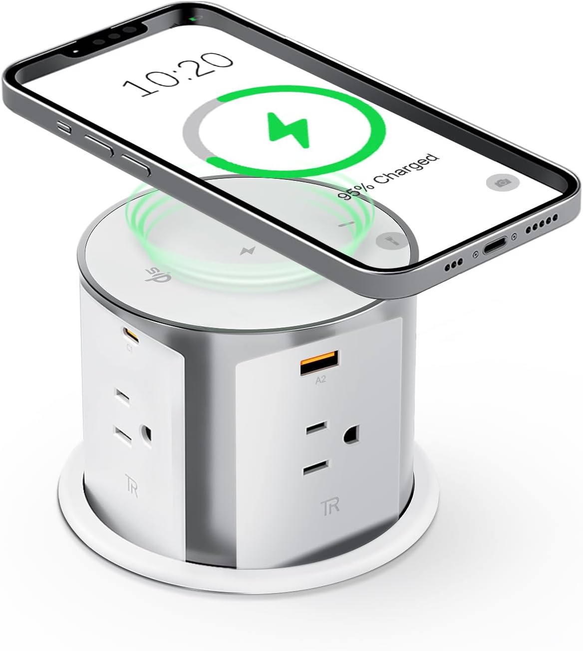 4' Pop Up Outlet for Countertop w/ Qi2 Wireless Charger, 20W USB Ports, 4 Outlets,15A Overload Protection, White