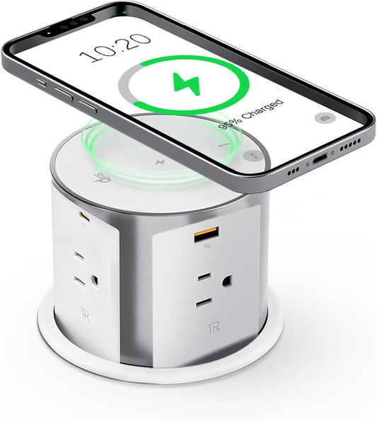 4' Pop Up Outlet for Countertop w/ Qi2 Wireless Charger, 20W USB Ports, 4 Outlets,15A Overload Protection, White