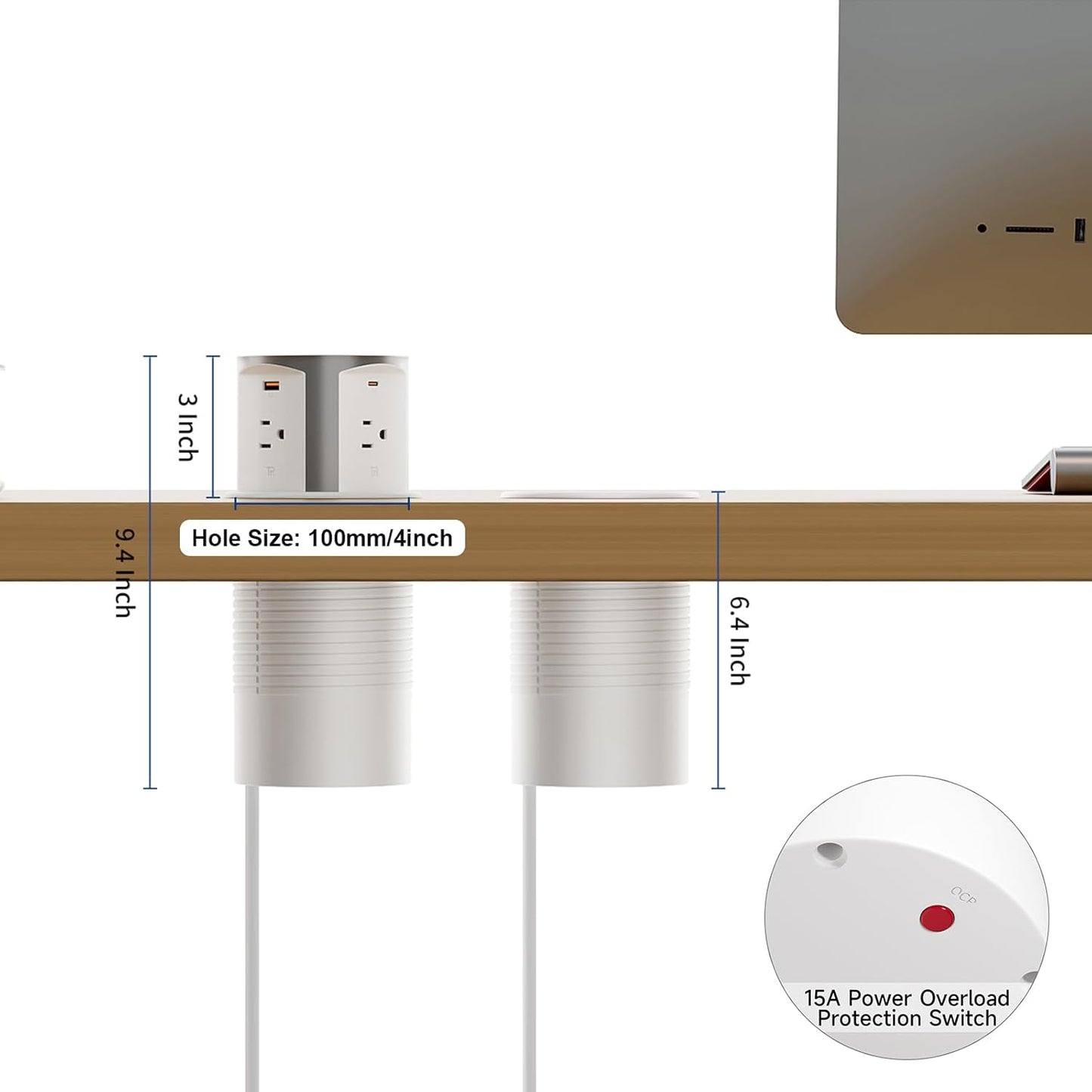 4' Pop Up Outlet for Countertop w/ Qi2 Wireless Charger, 20W USB Ports, 4 Outlets,15A Overload Protection, White