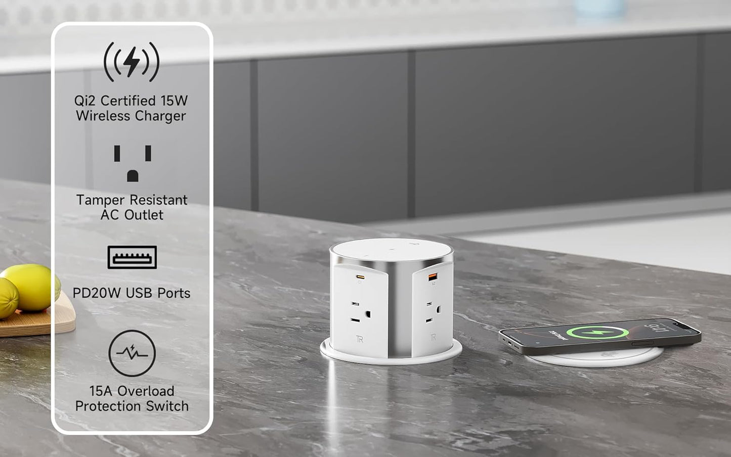 4' Pop Up Outlet for Countertop w/ Qi2 Wireless Charger, 20W USB Ports, 4 Outlets,15A Overload Protection, White