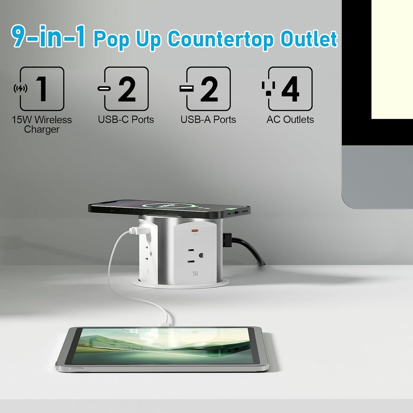 4' Pop Up Outlet for Countertop w/ Qi2 Wireless Charger, 20W USB Ports, 4 Outlets,15A Overload Protection, White