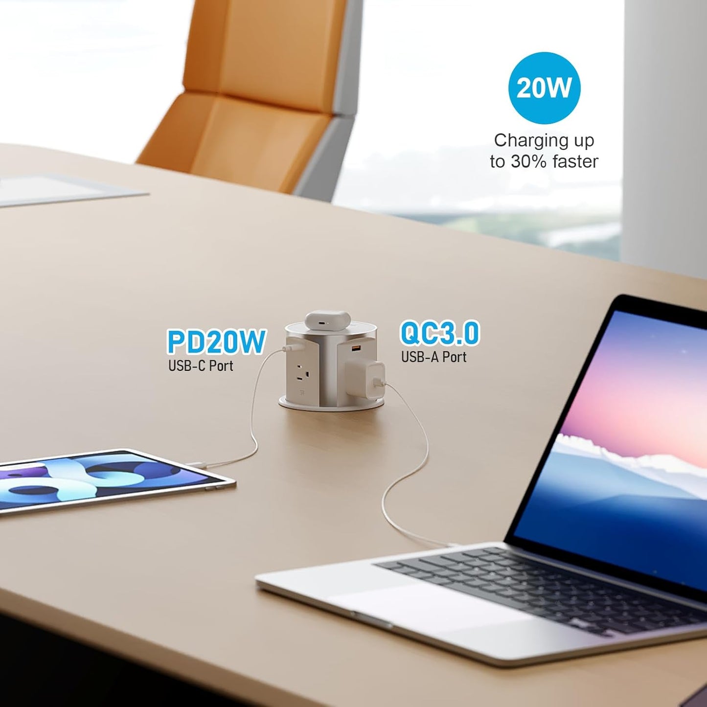 4' Pop Up Outlet for Countertop w/ Qi2 Wireless Charger, 20W USB Ports, 4 Outlets,15A Overload Protection, White