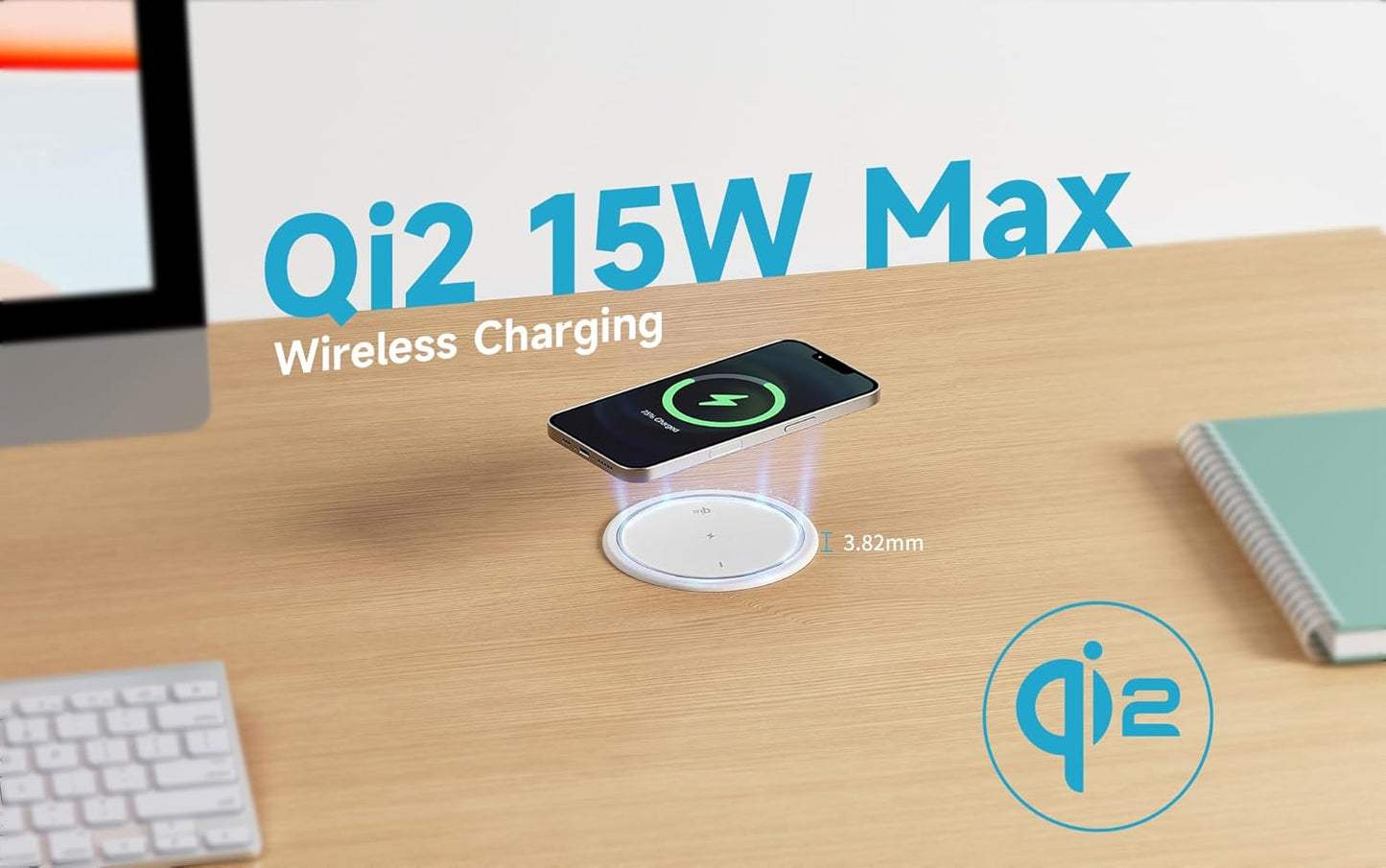 4' Pop Up Outlet for Countertop w/ Qi2 Wireless Charger, 20W USB Ports, 4 Outlets,15A Overload Protection, White