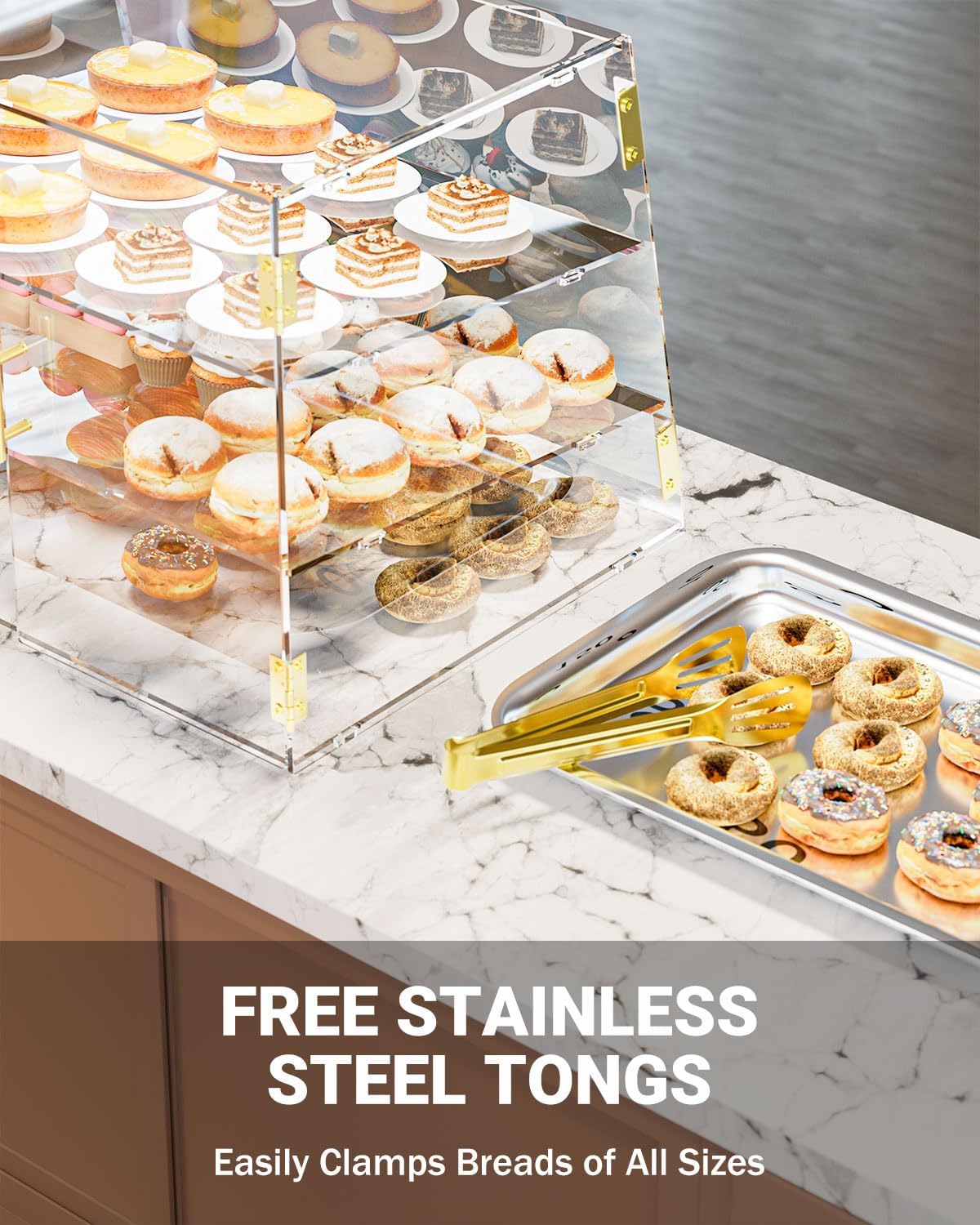 3-Tier Slanted Acrylic Bakery Display Case, 21'×17'×17', with Automatic-Closing Rear Doors