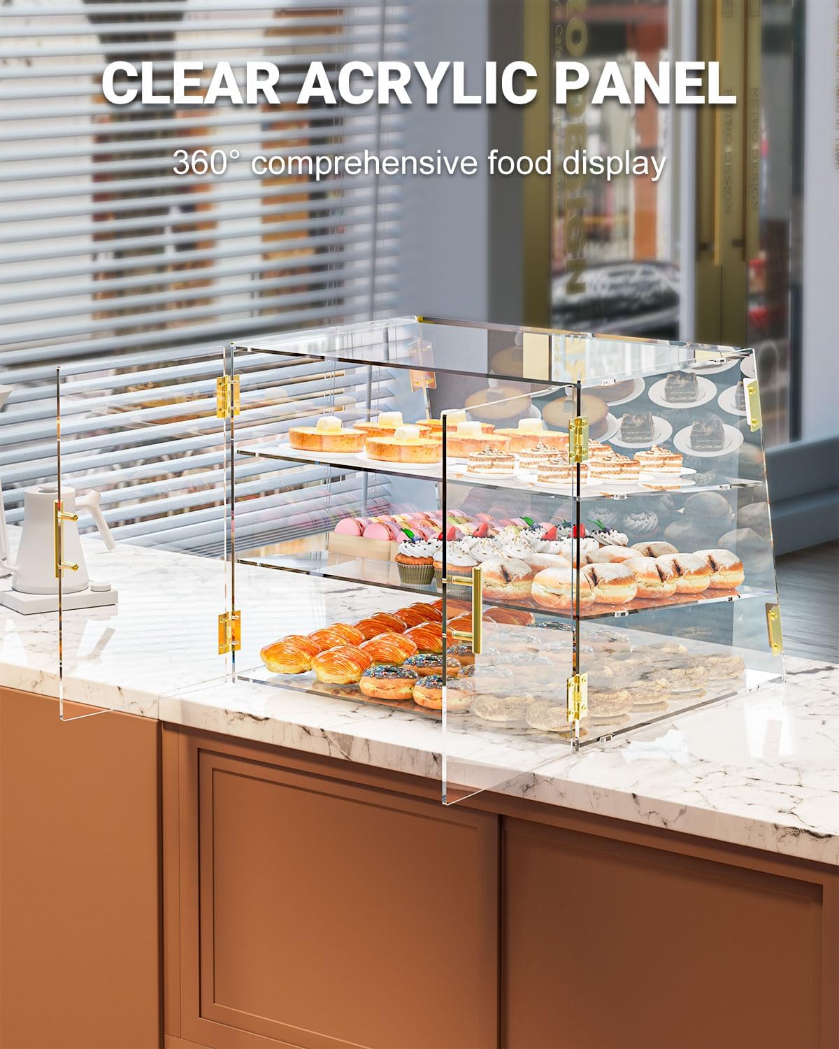 3-Tier Slanted Acrylic Bakery Display Case, 21'×17'×17', with Automatic-Closing Rear Doors