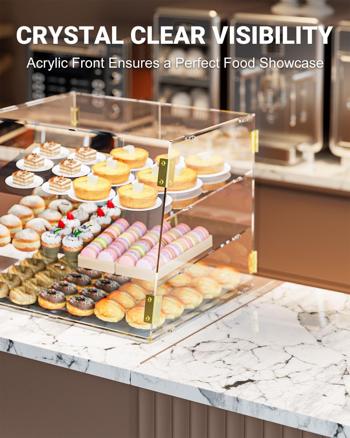3-Tier Slanted Acrylic Bakery Display Case, 21'×17'×17', with Automatic-Closing Rear Doors