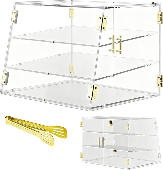 3-Tier Slanted Acrylic Bakery Display Case, 21'×17'×17', with Automatic-Closing Rear Doors