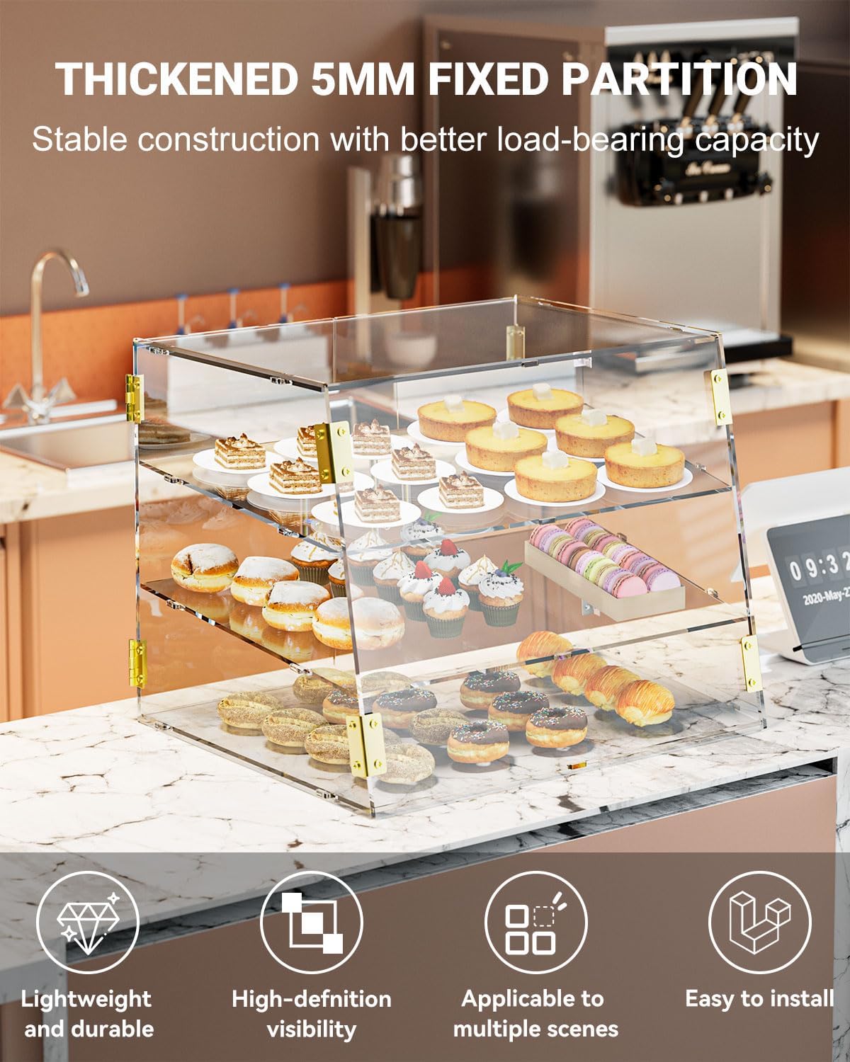 3-Tier Slanted Acrylic Bakery Display Case, 21'×17'×17', with Automatic-Closing Rear Doors